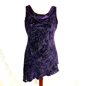Vintage Silk Velvet Burnout Purple Dress Size 10 Drape Neck Asymmetric Mini Y2K